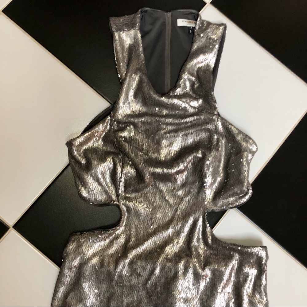 Halston Heritage Sequin Cut Outs Mini Dress Antique Silver Sequins Bodycon sz 8 - Picture 7 of 16